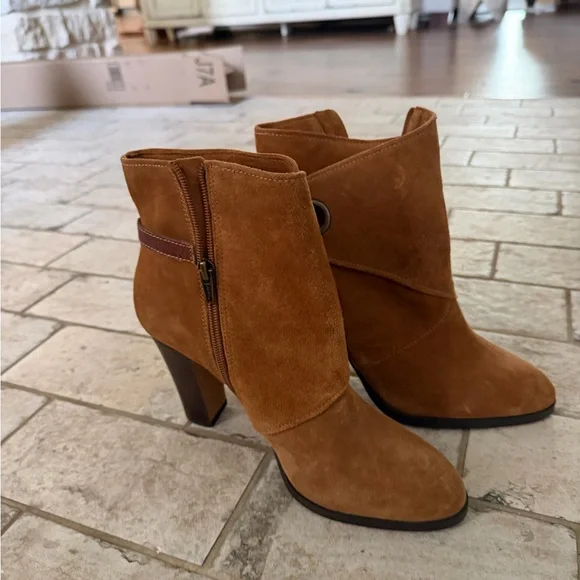 Nicole Miller Cognac Suede Fold-Over Ankle Boots with Ring Accent - Picture 2 of 3